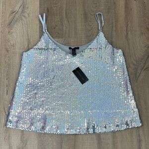 NWT MATERIAL XL SILVER SPAGHETTI STRAP V-NECK SEQUIN CAMI STRETCH TANK TOP